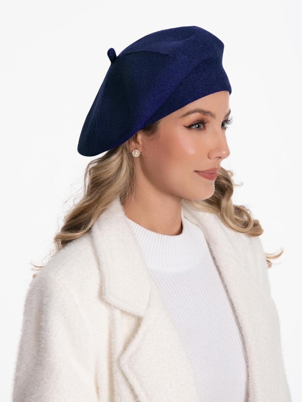 Women's French Style Double Layer Winter Autumn Warm, Soft Beanie Hat Navy Blue